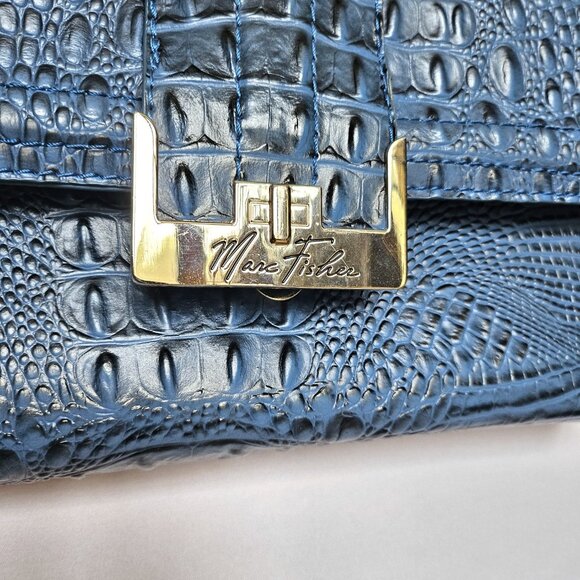 MARC FISHER Blue Faux Alligator / Croc Print Clutch or Shoulder Handbag Purse - Picture 3 of 9